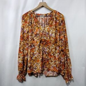 Entro Floral Popover Blouse Womens L Orange Boho Retro Cottagecore Peasant 90s